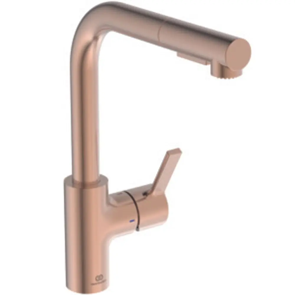 Küchenarmatur in Rosé von Ideal Standard, mit hohem Auslauf und integriertem Brauseausgang, geeignet für moderne Küchen.